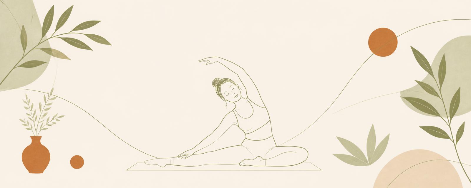 Illustration of a person in a calm seated Pilates stretch among soft olive leaves